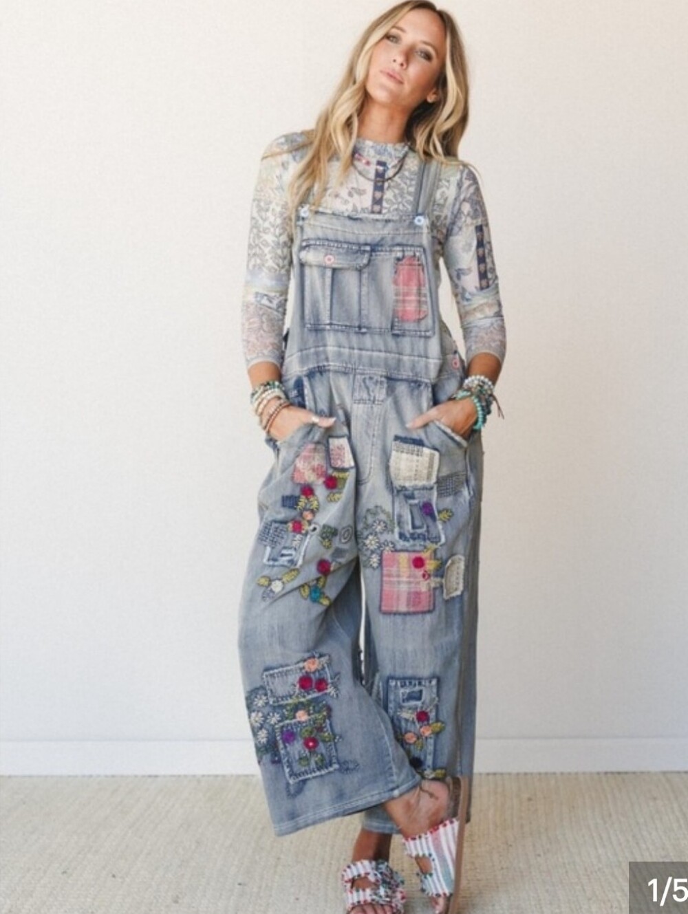 NWT Blue Velvet Boho Light Blue Embroidered Patchwork Denim Overalls Size XL